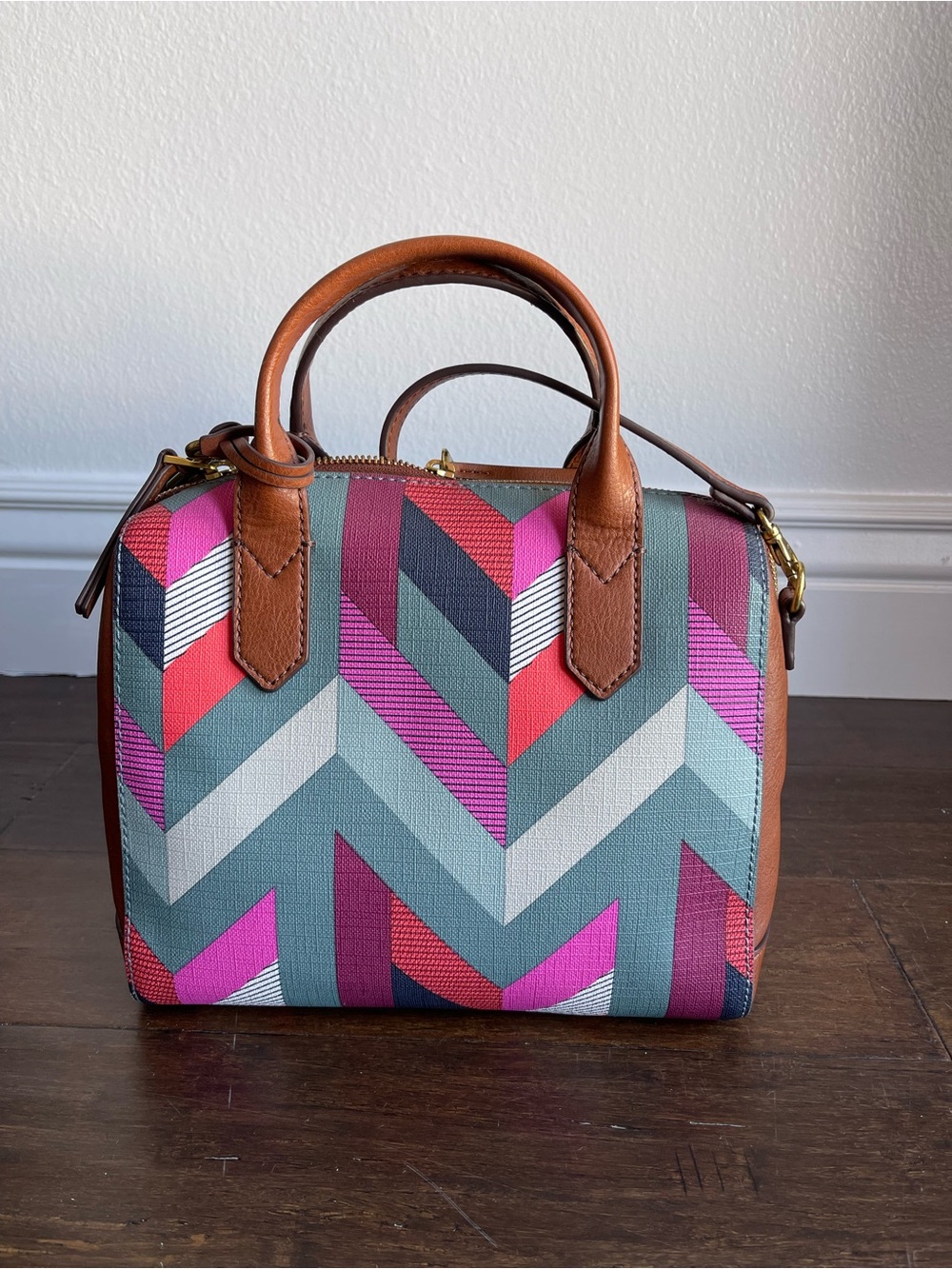 Fossil Chevron Pattern Mini Satchel in Pink, Red, Gray & Brown